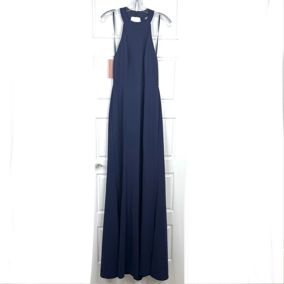 BHLDN Juliana High Neck Side Slit Stretch Crepe Maxi Dress NEW Size M Navy - Picture 6 of 15